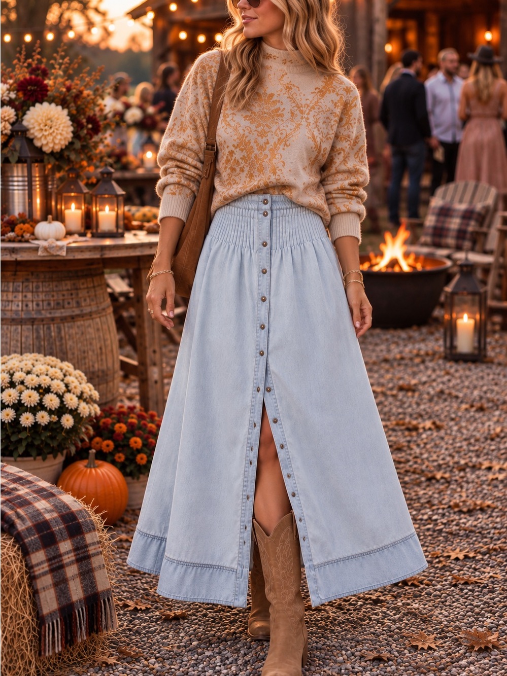 Anthropologie Pilcro Pintuck Basque Waist Button Front Maxi Skirt-Med-Chambray